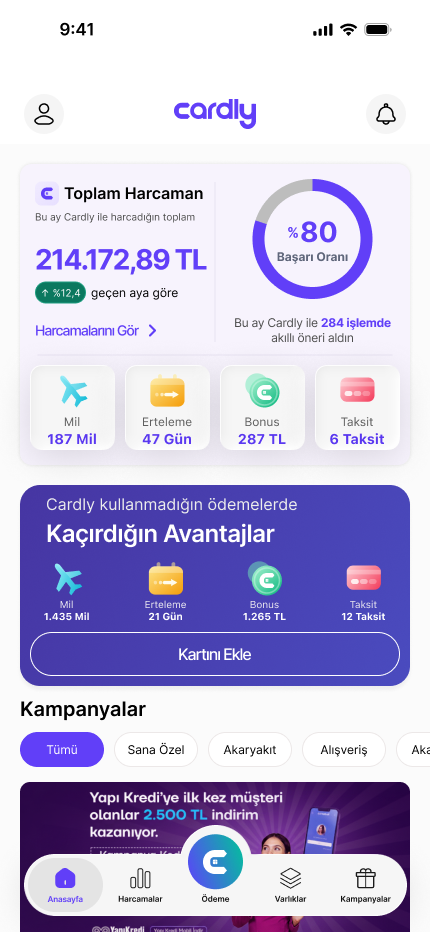 Cardly ana ekranı: toplam harcama, kart avantajları ve kampanyalar